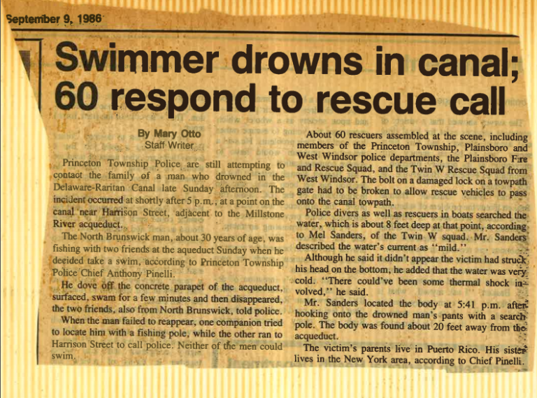 Swimmer drowns in canal; 60 respond to rescue call Princeton Hook